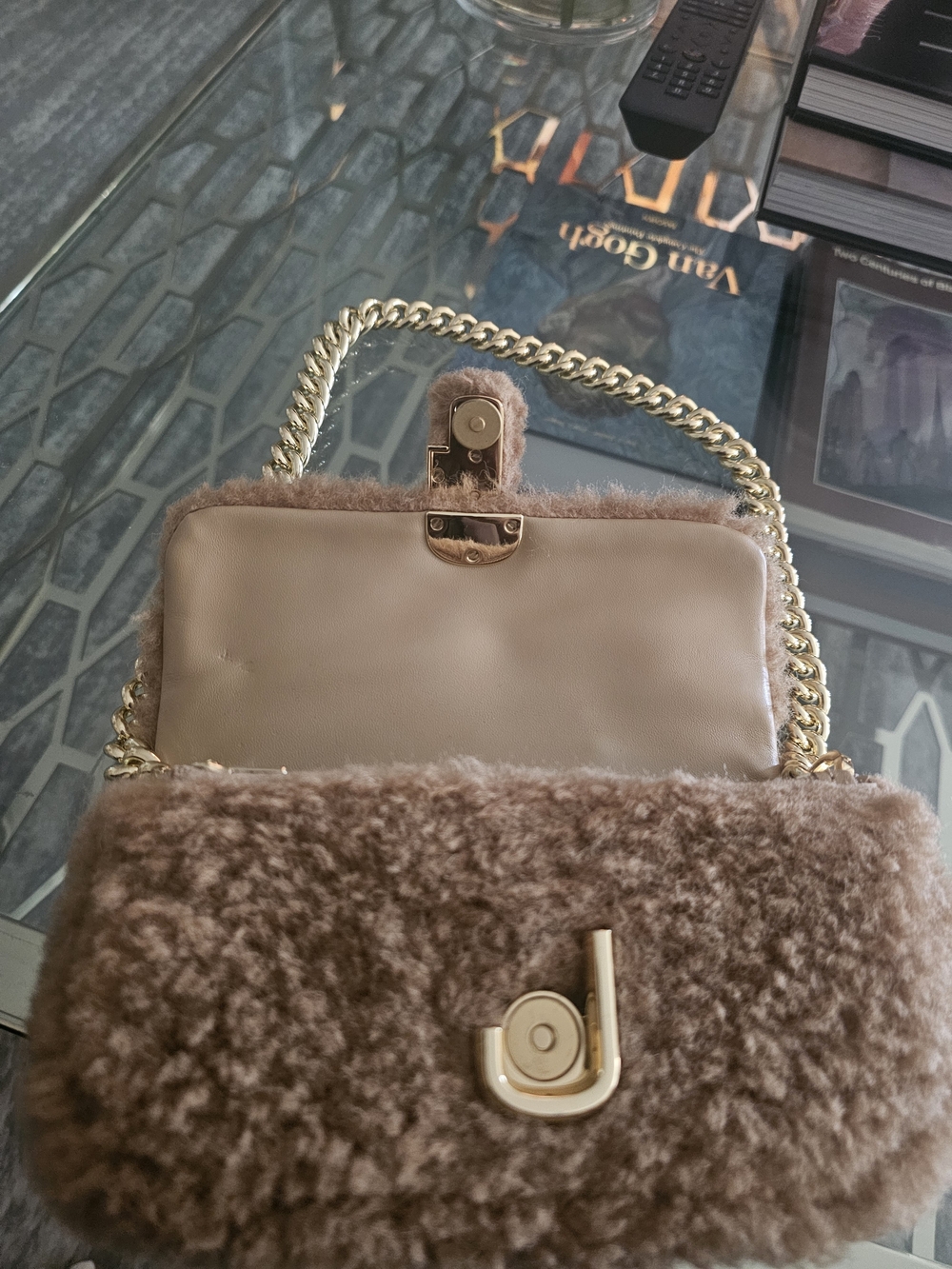 Plush Marc Jacobs Shearling Chain-Handle Shoulder Bag in Taupe